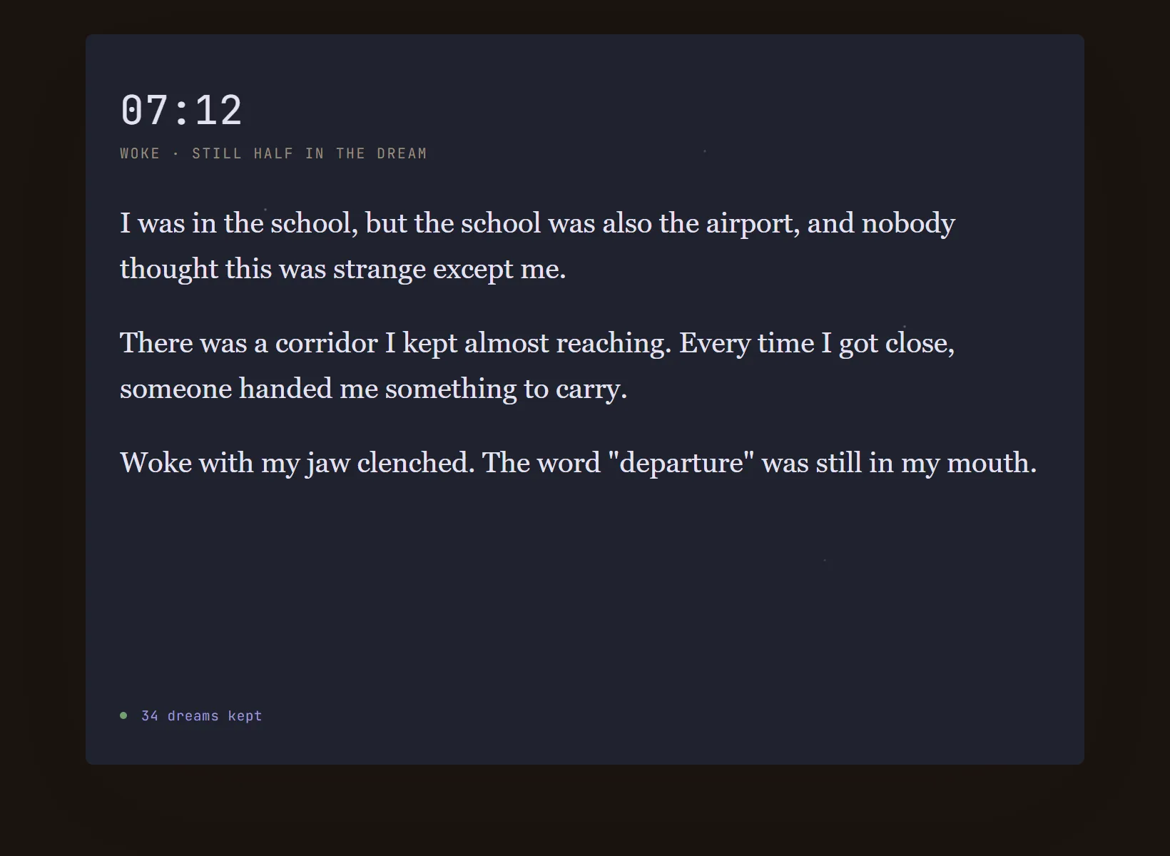 A dream journal in Innerholm in dark mode, the same written entry on the edition's night paper.
