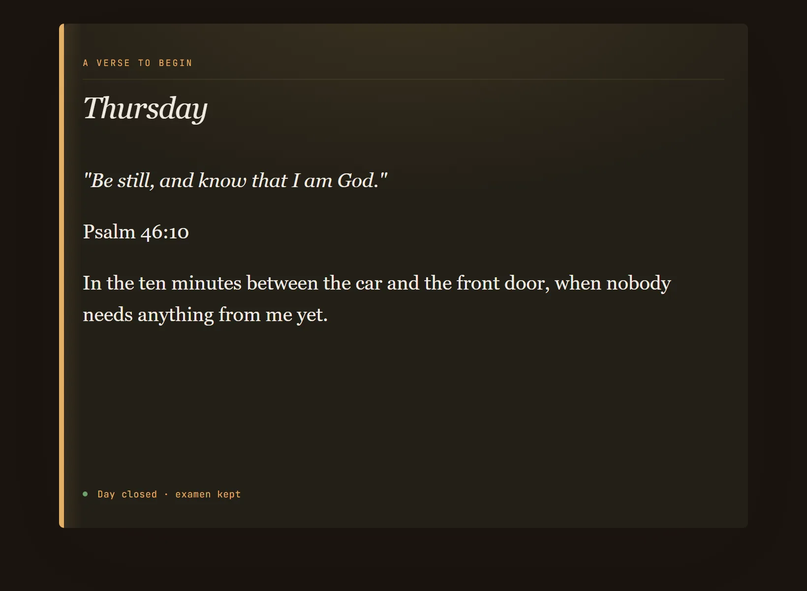 A faith journal in Innerholm in dark mode, the same written entry on the edition's night paper.