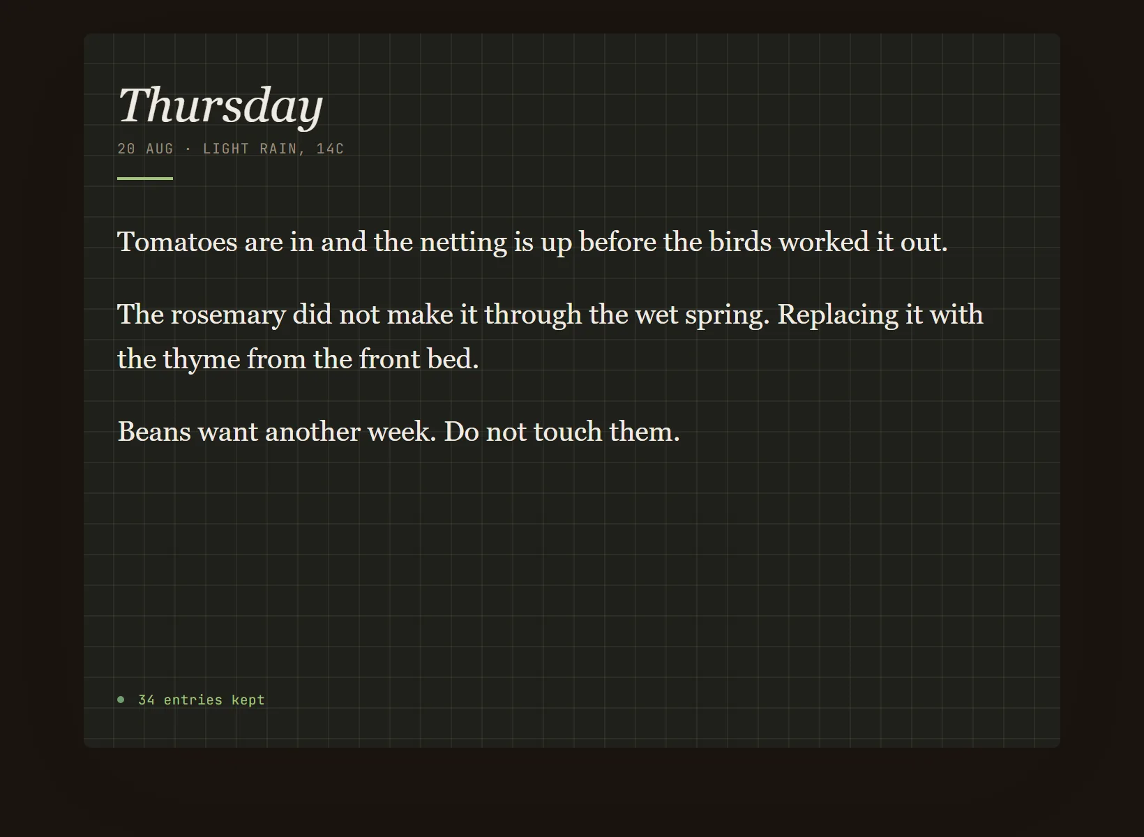 A garden journal in Innerholm in dark mode, the same written entry on the edition's night paper.