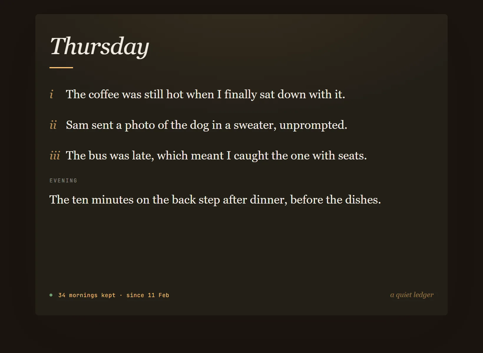 A gratitude journal in Innerholm in dark mode, the same written entry on the edition's night paper.
