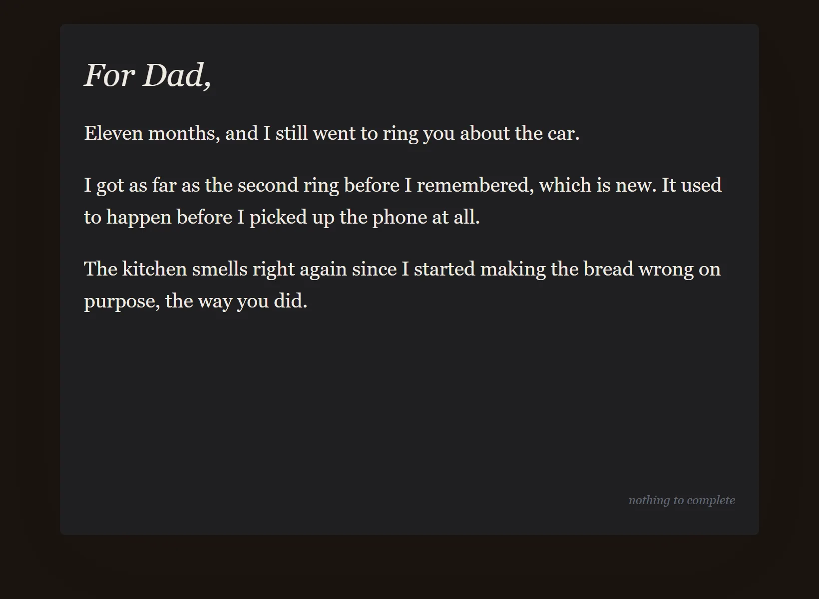A grief journal in Innerholm in dark mode, the same written entry on the edition's night paper.