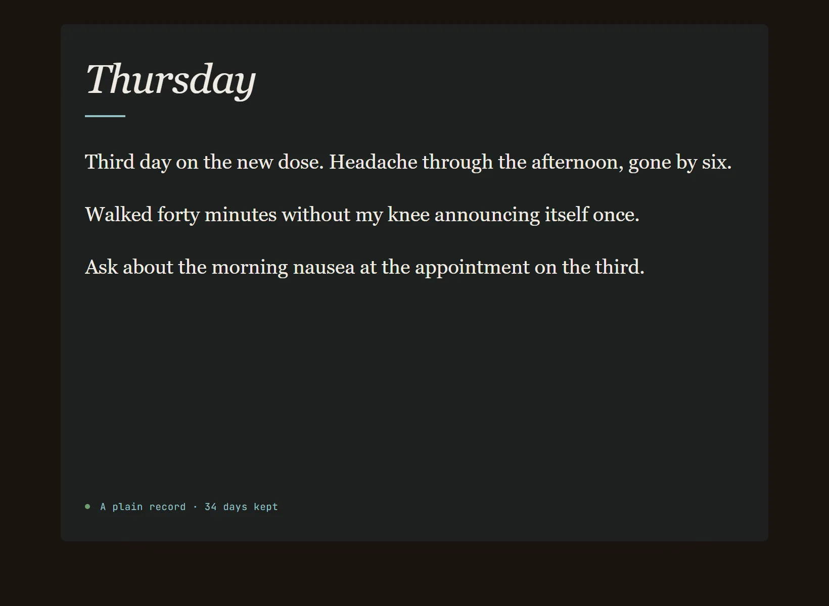 A health journal in Innerholm in dark mode, the same written entry on the edition's night paper.