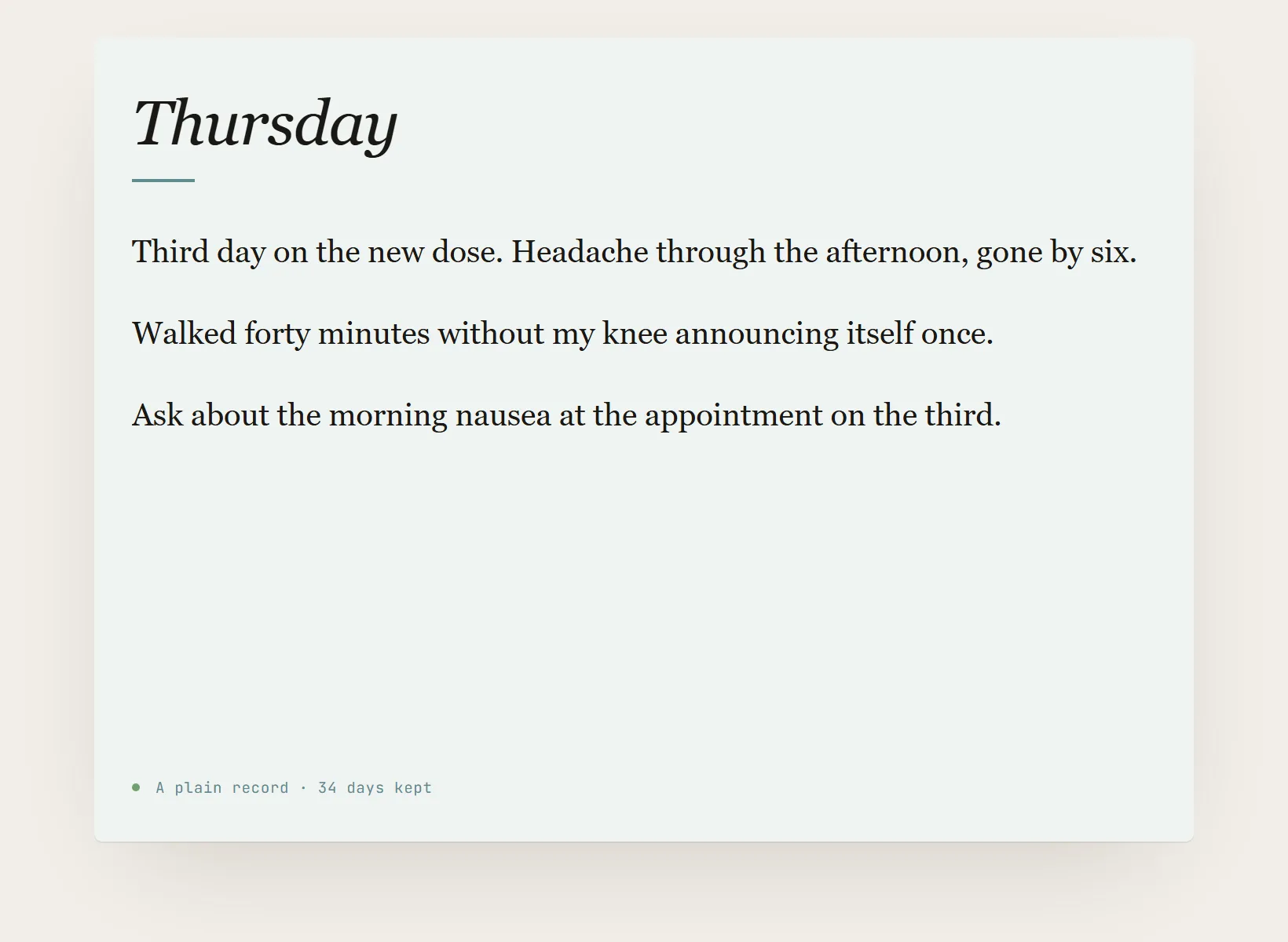 A health journal in Innerholm with an entry written on it, dated, above the page footer.