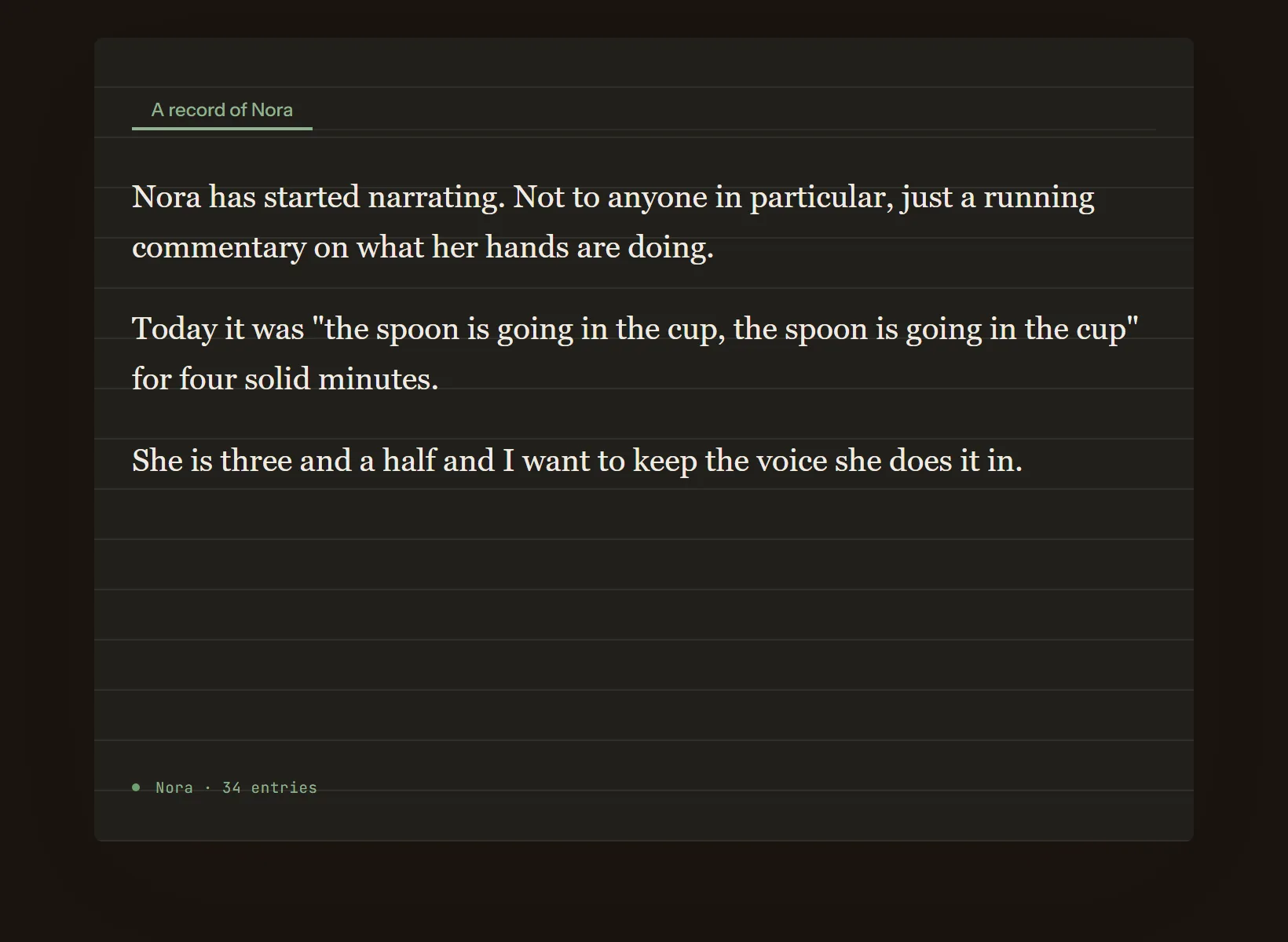 A journal for your kids in Innerholm in dark mode, the same written entry on the edition's night paper.