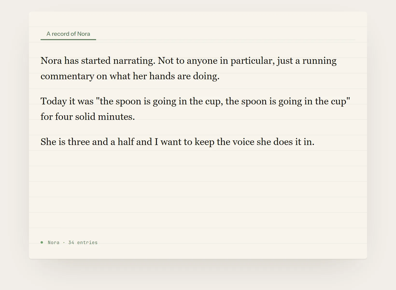 A journal for your kids in Innerholm with an entry written on it, dated, above the page footer.