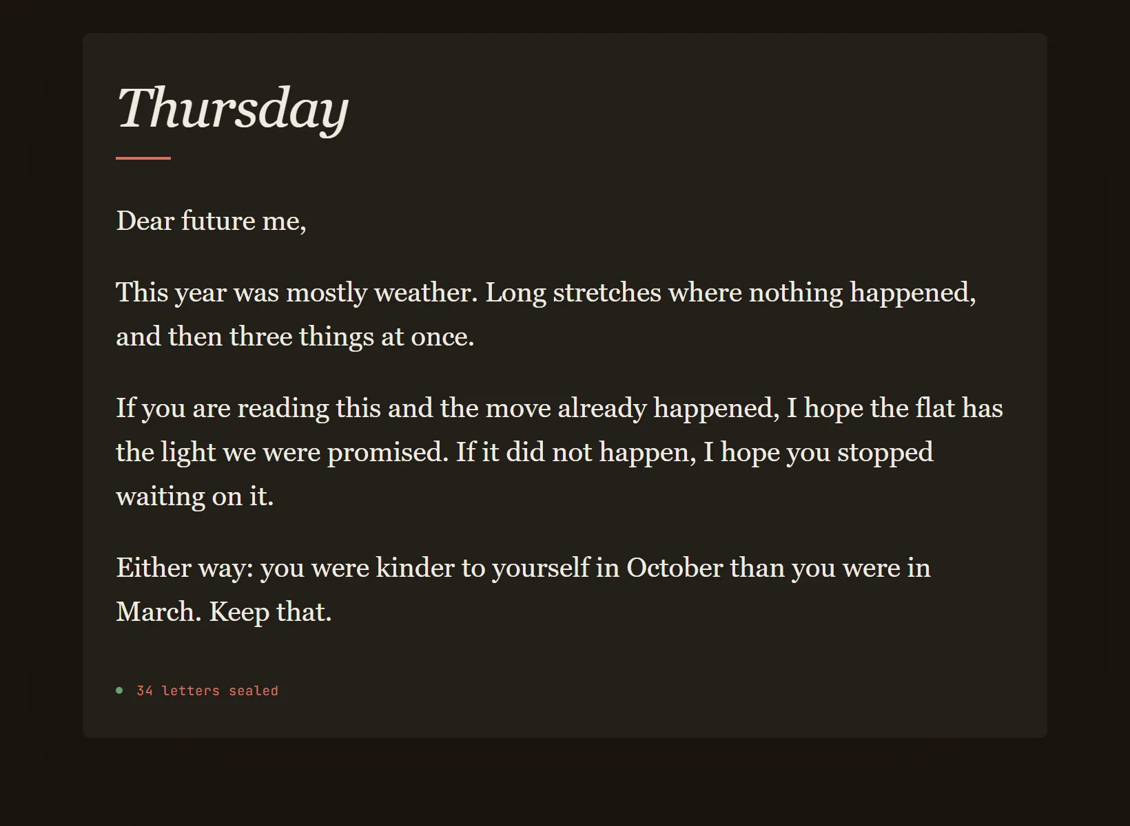 Letters to your future self in Innerholm in dark mode, the same written entry on the edition's night paper.