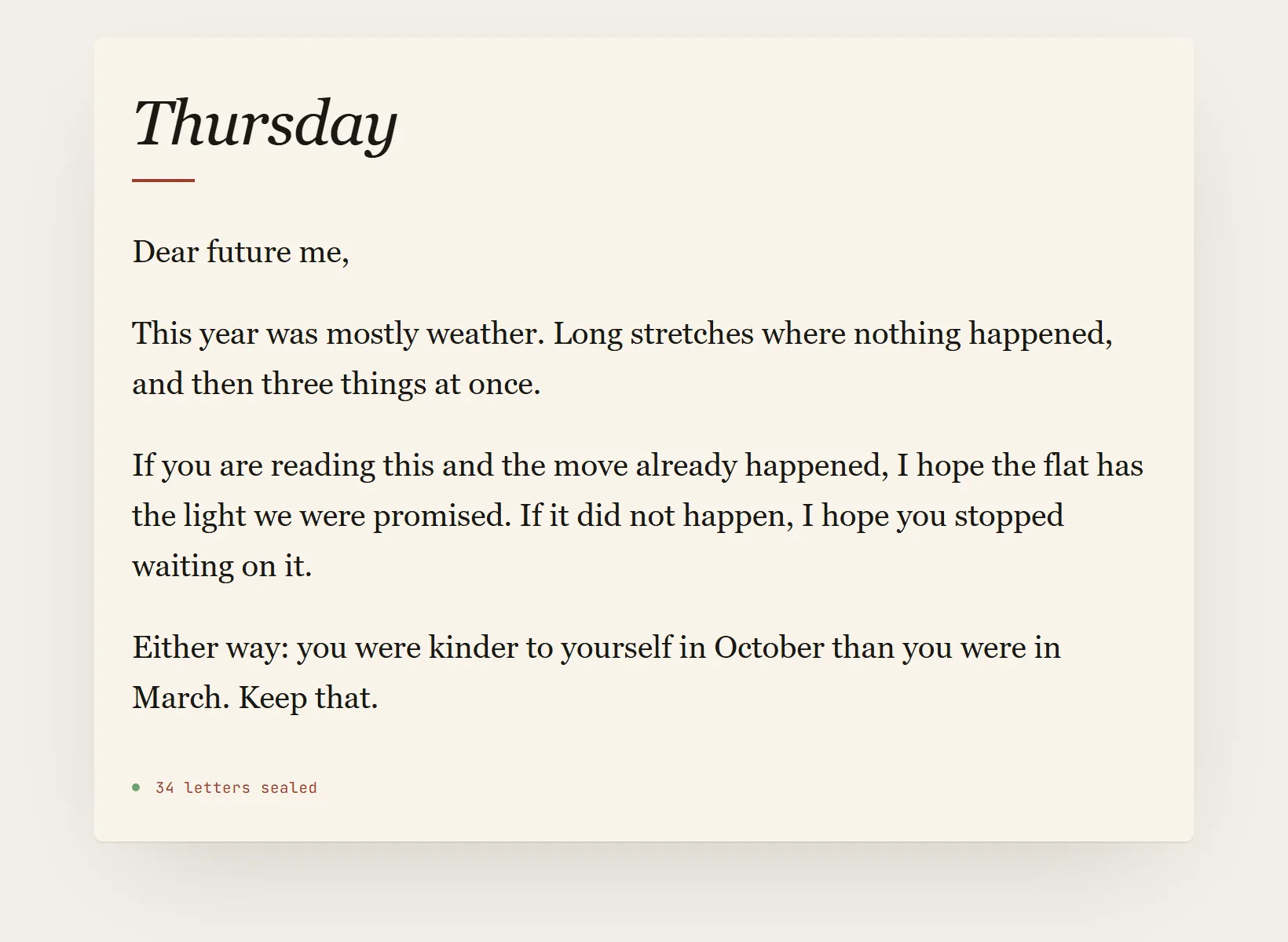 Letters to your future self in Innerholm with an entry written on it, dated, above the page footer.