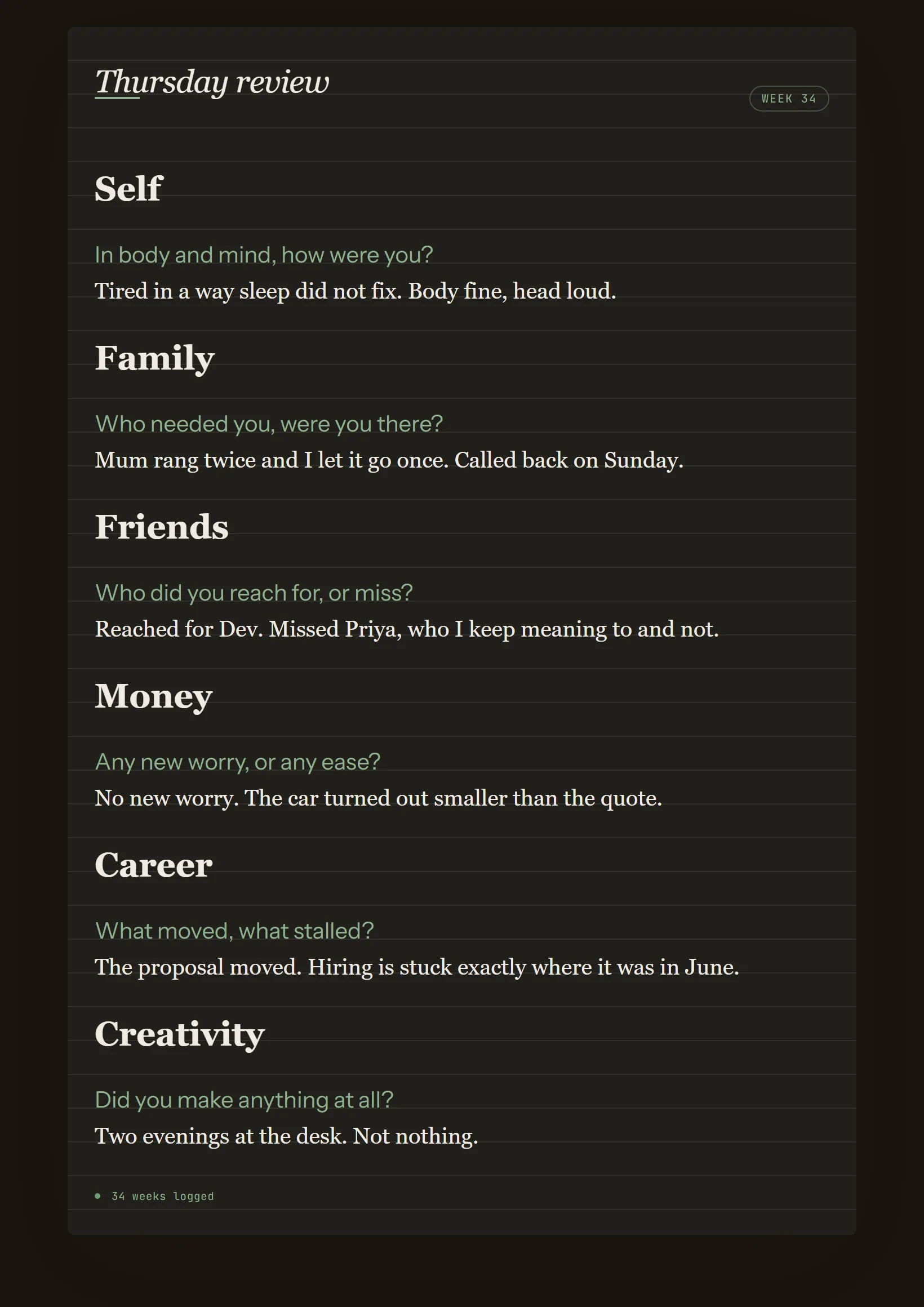 A life review journal in Innerholm in dark mode, the same written entry on the edition's night paper.