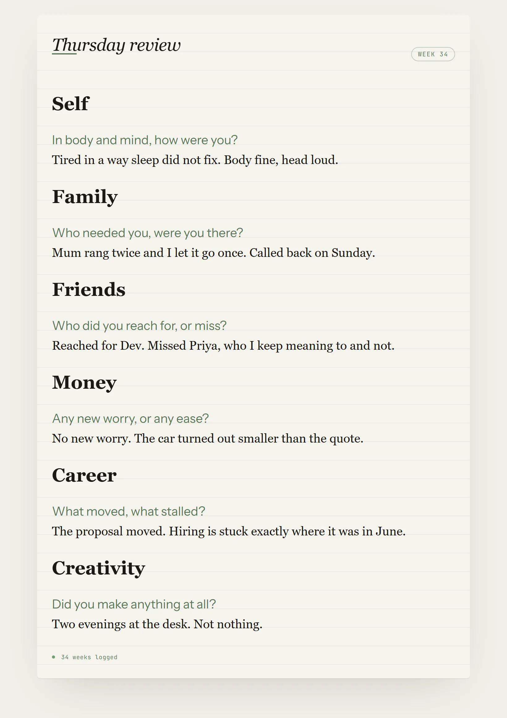 A life review journal in Innerholm with an entry written on it, dated, above the page footer.