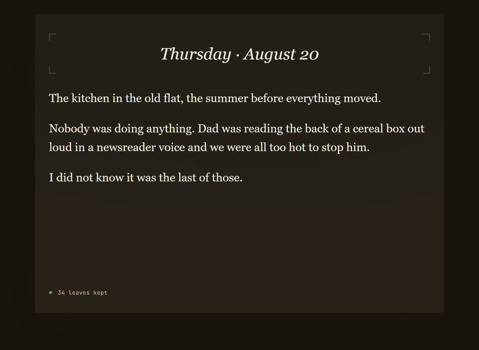 A memory journal in Innerholm in dark mode, the same written entry on the edition's night paper.