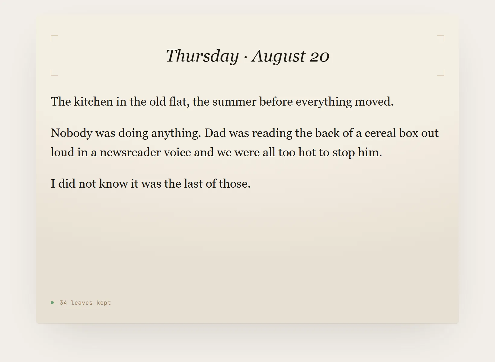 A memory journal in Innerholm with an entry written on it, dated, above the page footer.