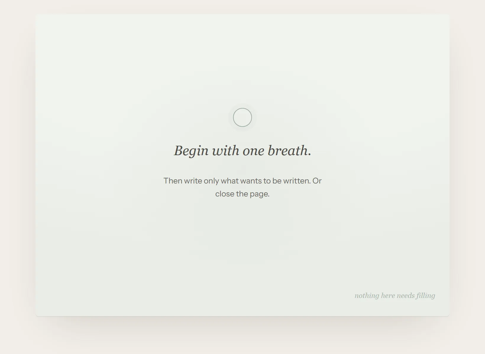 A mindfulness journal in Innerholm, open at an empty page on its own paper, with the edition's opening prompt set faintly on it.