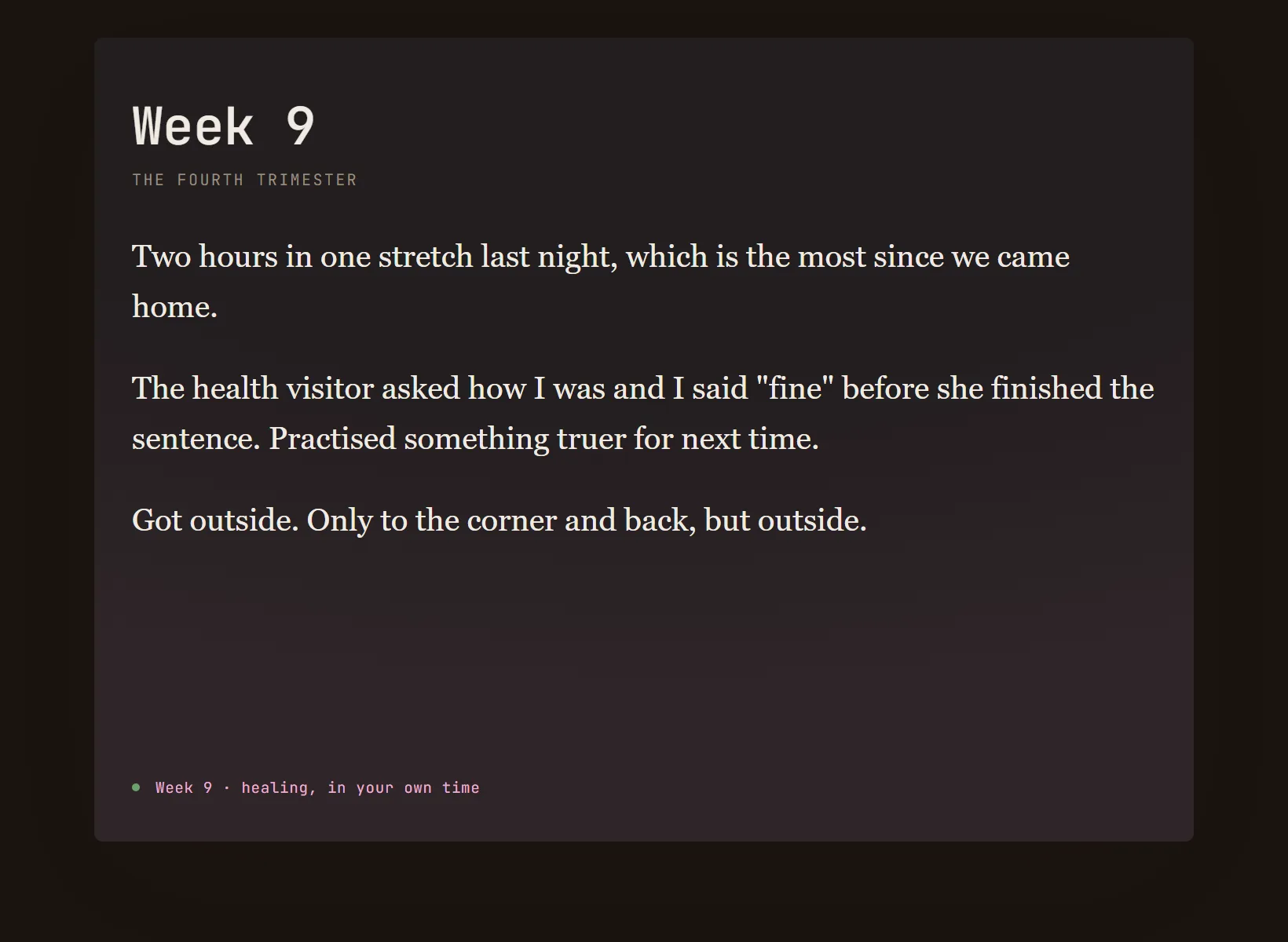 A postpartum journal in Innerholm in dark mode, the same written entry on the edition's night paper.