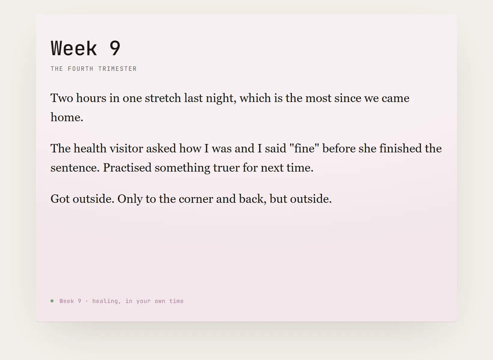 A postpartum journal in Innerholm with an entry written on it, dated, above the page footer.