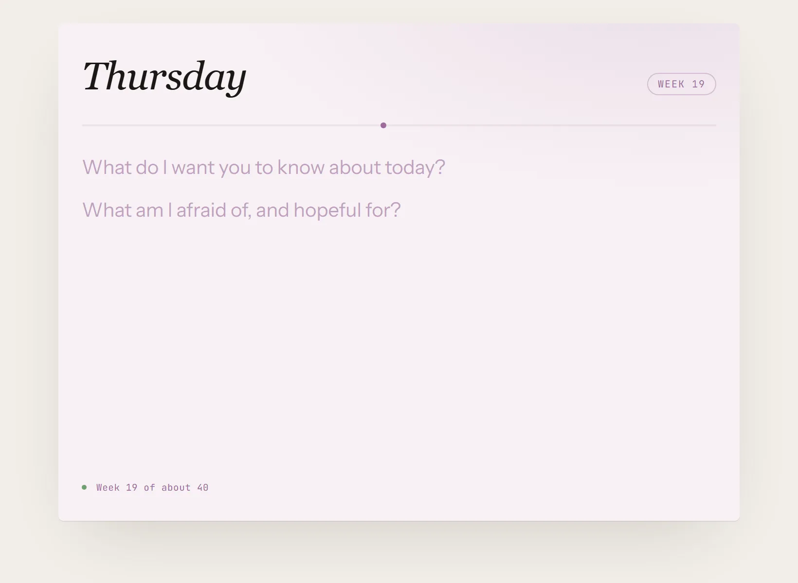 A pregnancy journal in Innerholm, open at an empty page on its own paper, with the edition's opening prompt set faintly on it.