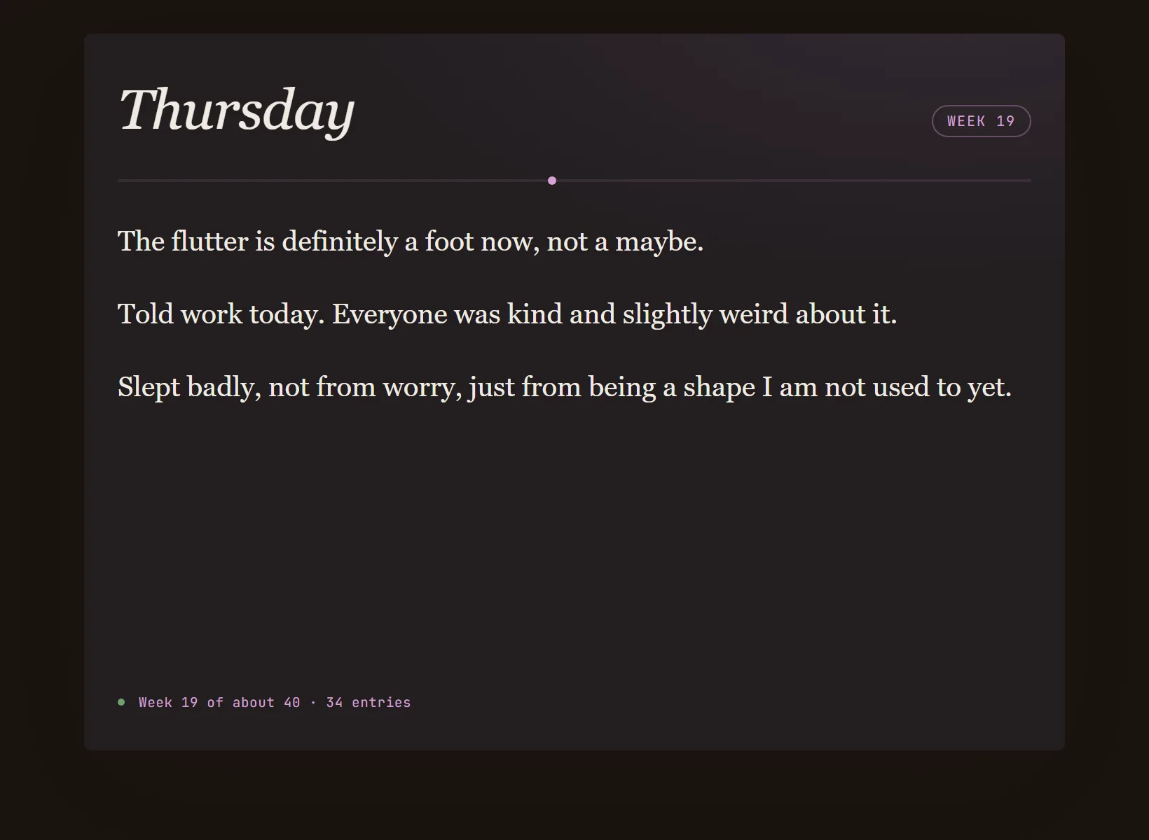 A pregnancy journal in Innerholm in dark mode, the same written entry on the edition's night paper.