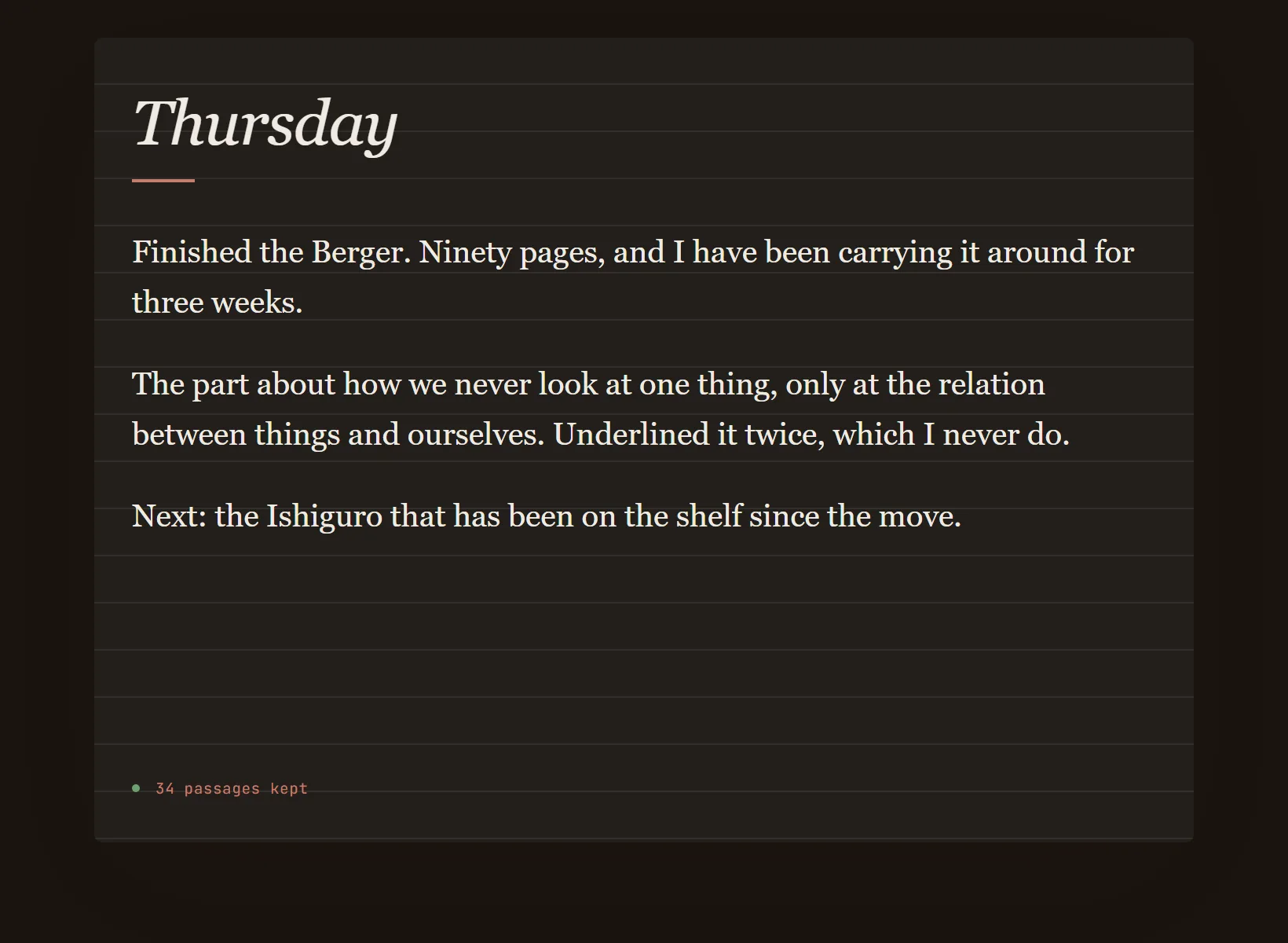 A reading journal in Innerholm in dark mode, the same written entry on the edition's night paper.