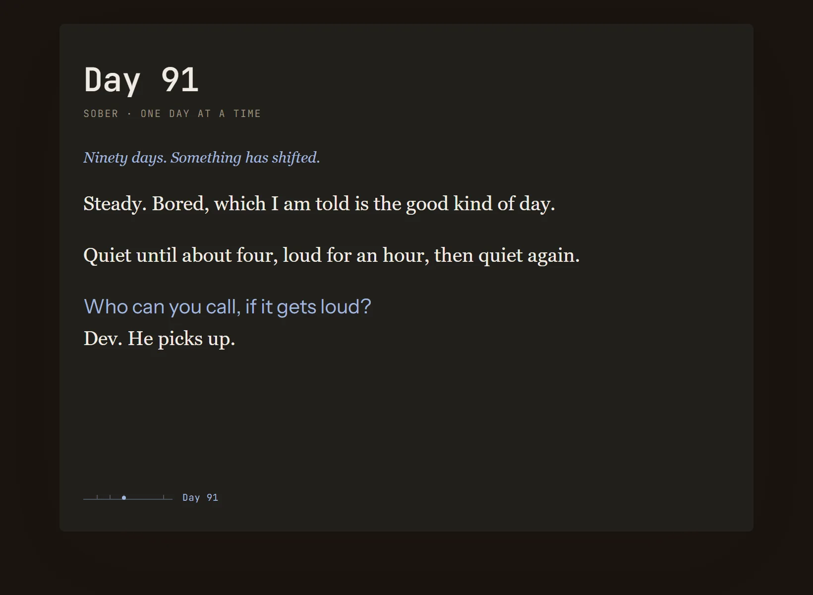 A sobriety journal in Innerholm in dark mode, the same written entry on the edition's night paper.