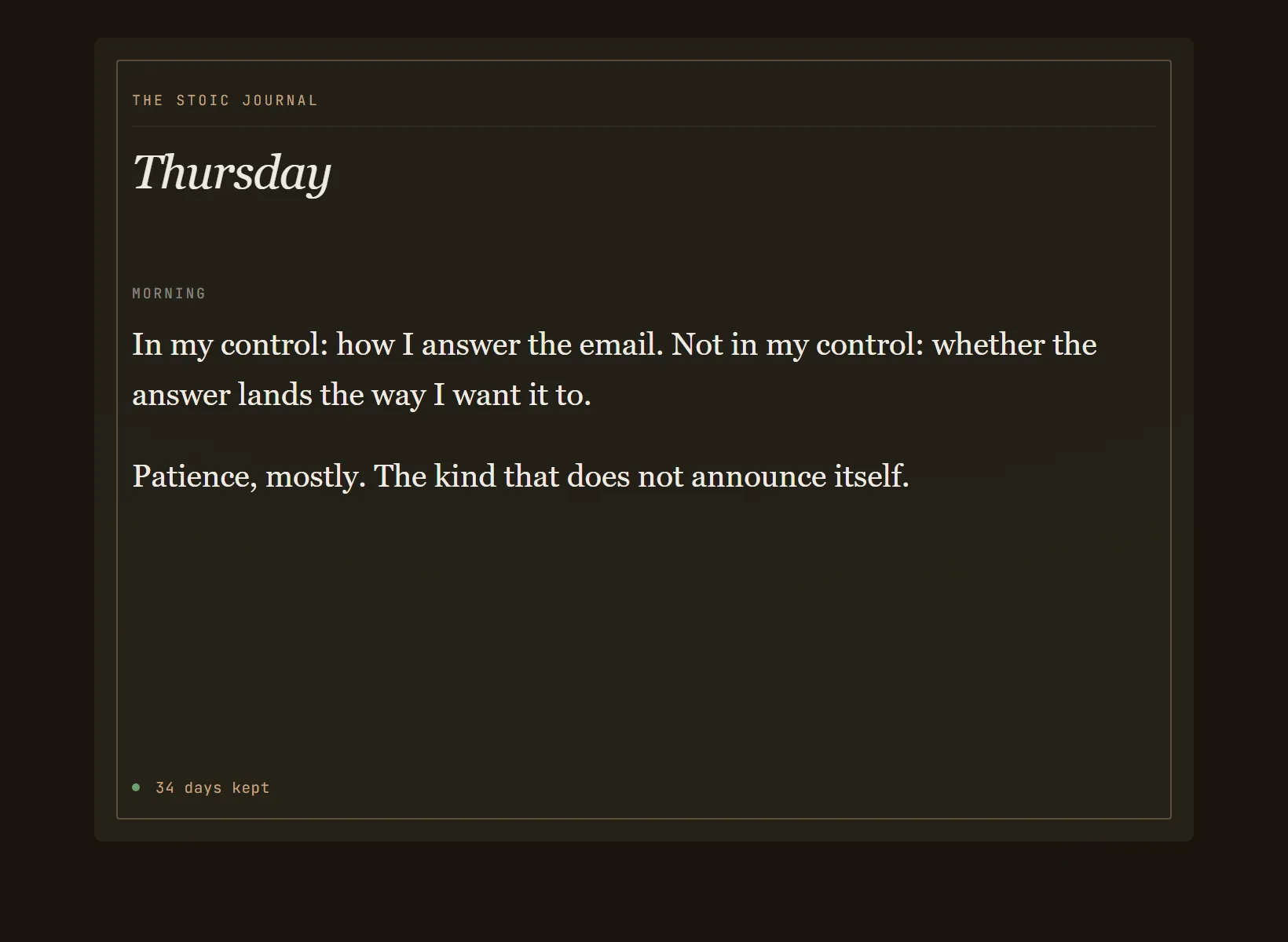 A Stoic journal in Innerholm in dark mode, the same written entry on the edition's night paper.