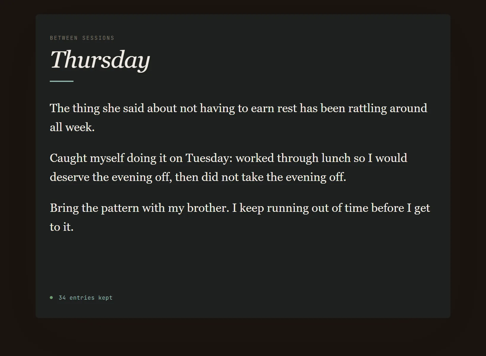 A journal for therapy in Innerholm in dark mode, the same written entry on the edition's night paper.