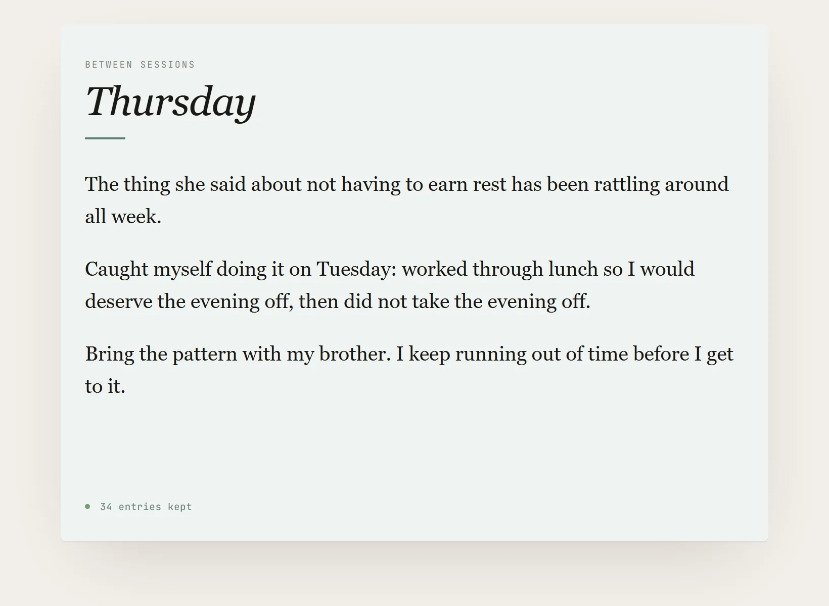 A journal for therapy in Innerholm with an entry written on it, dated, above the page footer.