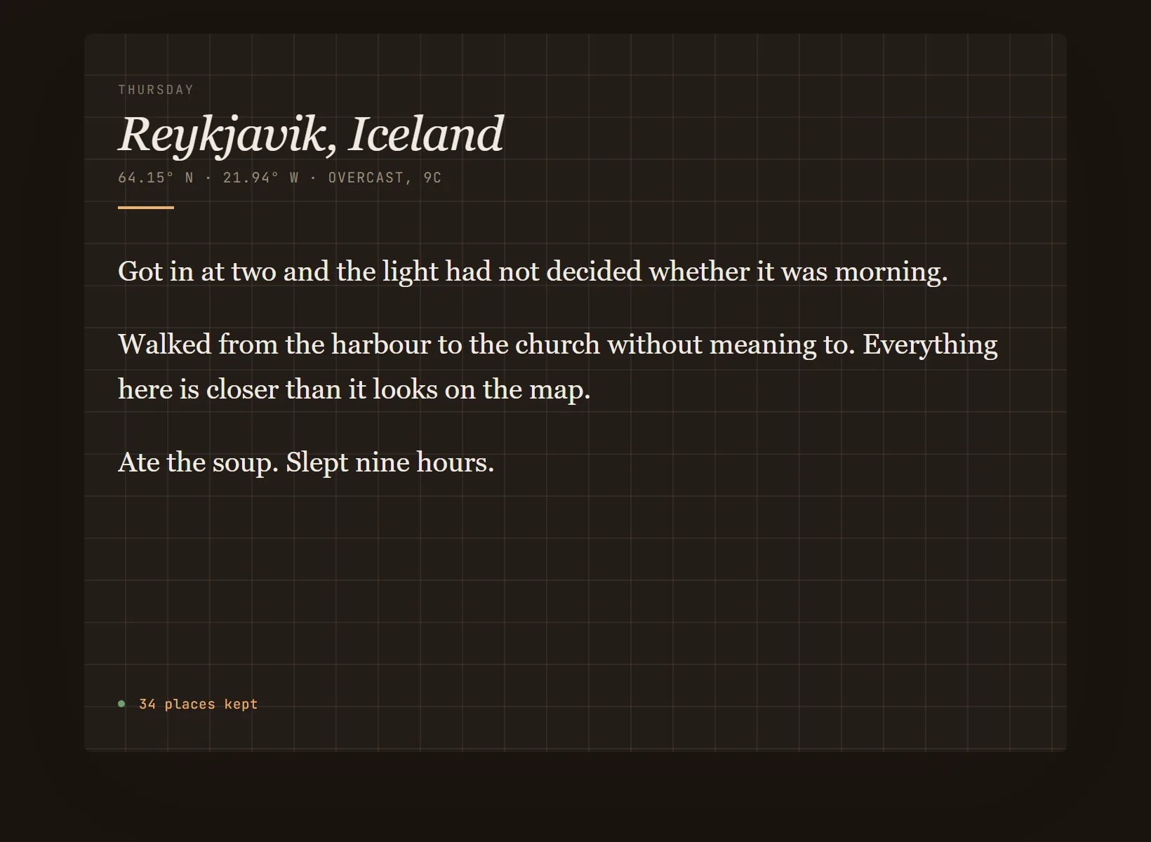 A travel journal in Innerholm in dark mode, the same written entry on the edition's night paper.