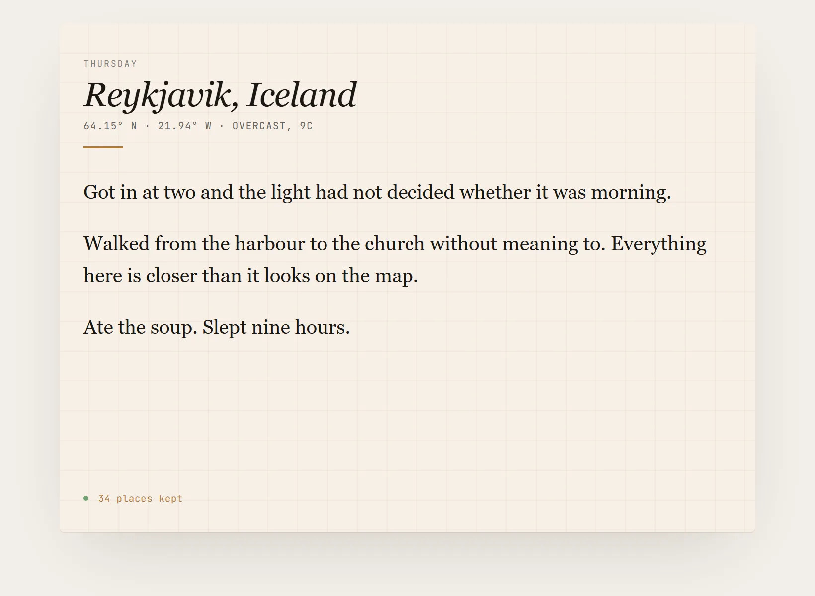 A travel journal in Innerholm with an entry written on it, dated, above the page footer.