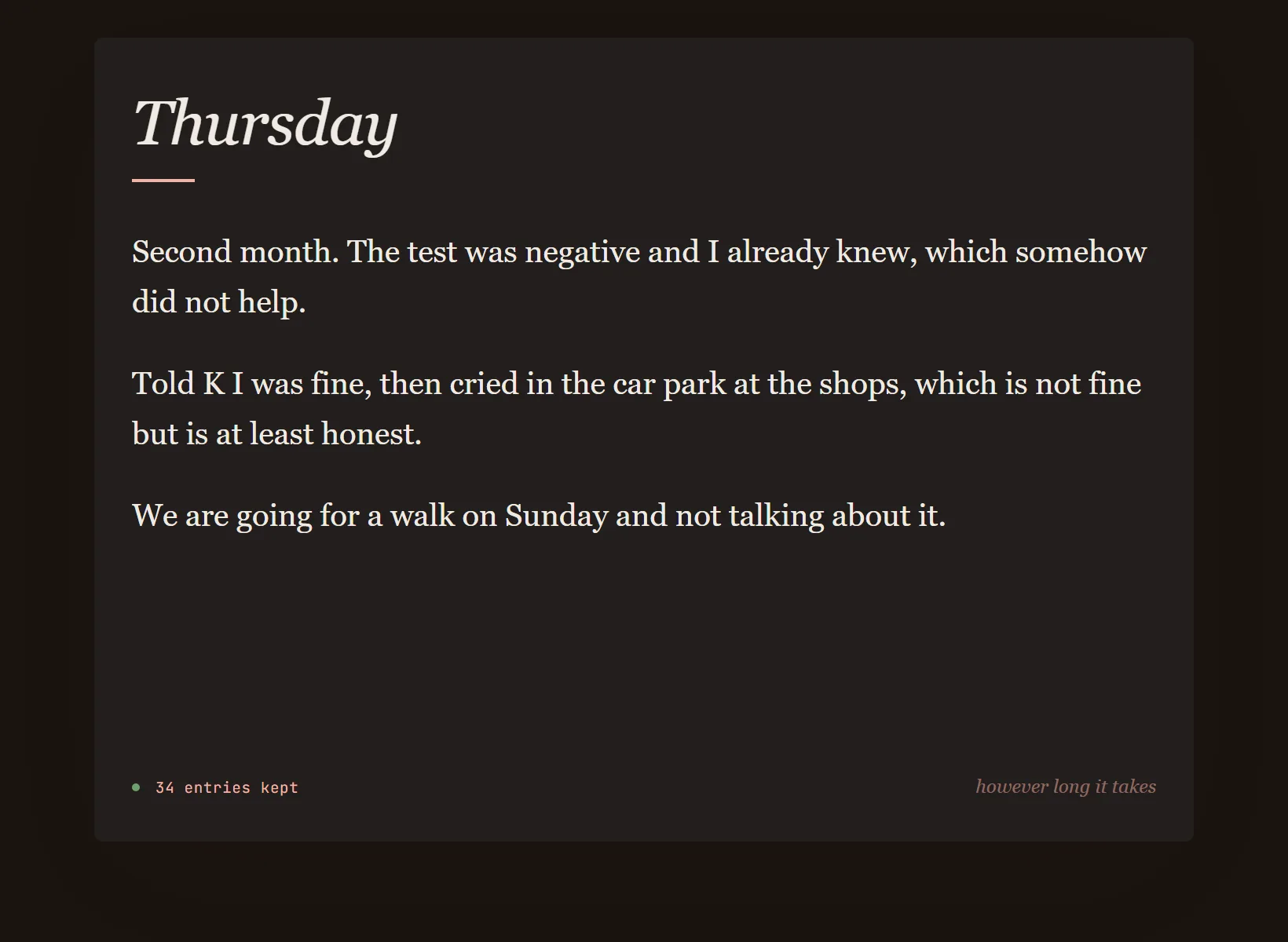 A journal for the trying in Innerholm in dark mode, the same written entry on the edition's night paper.