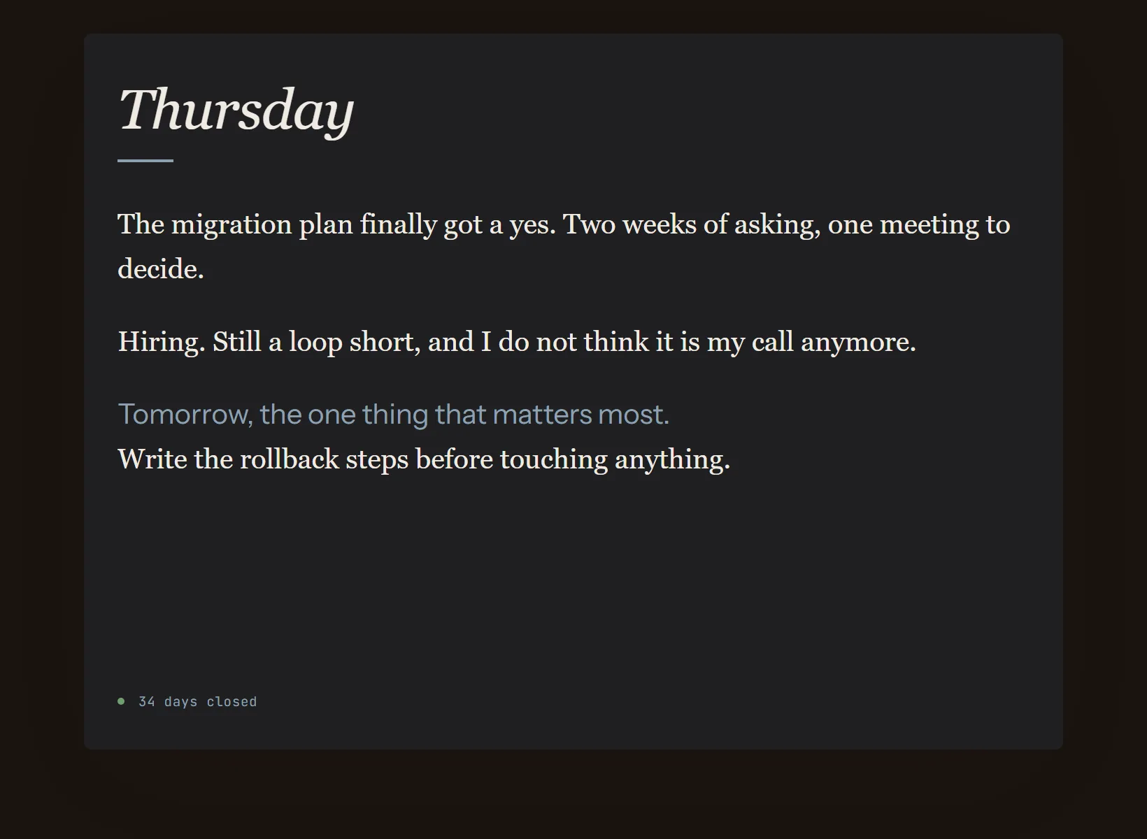 A work journal in Innerholm in dark mode, the same written entry on the edition's night paper.